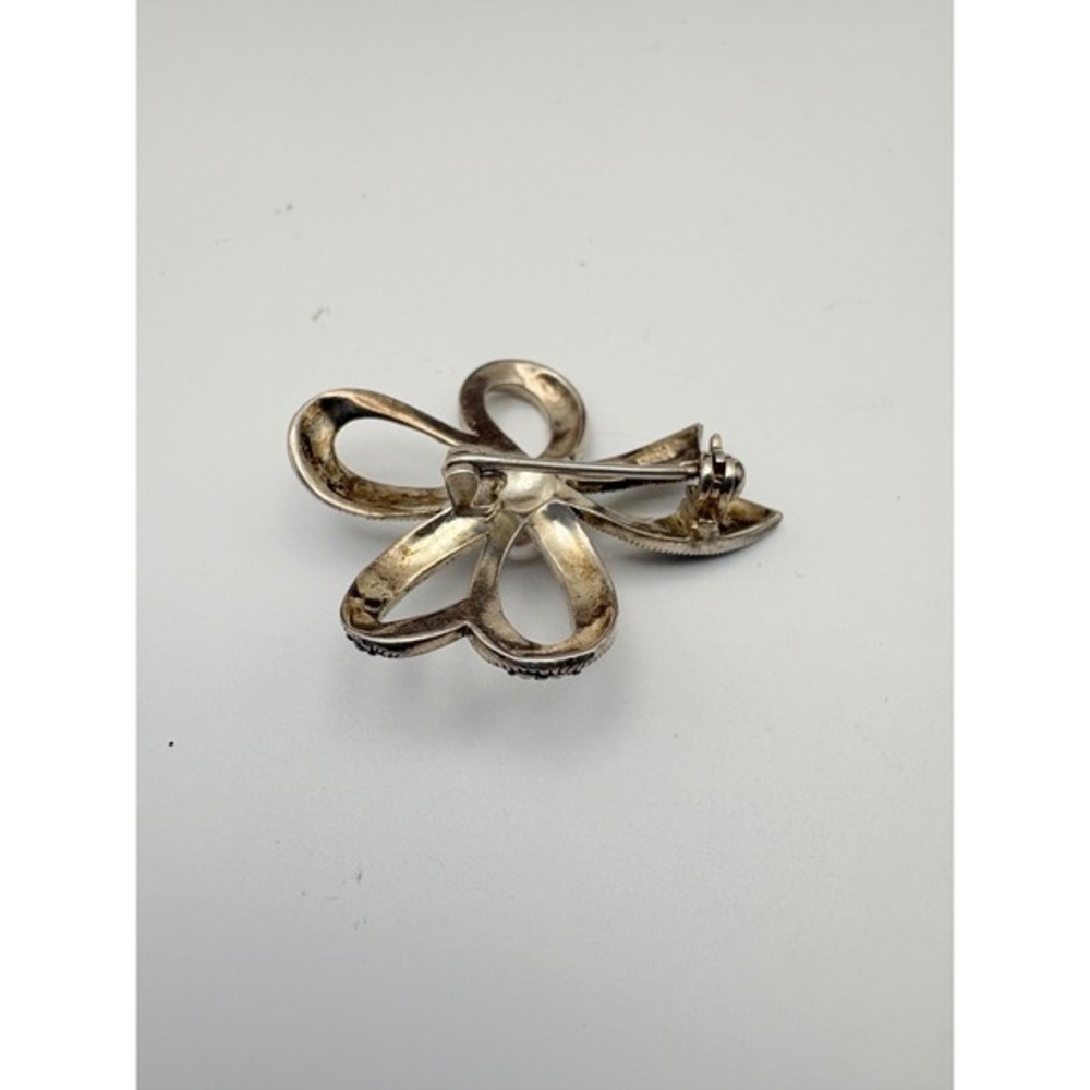 Sterling Silver Bow Brooch Marcasite Pearl Center 925 China Ribbon Pin - Picture 5 of 10